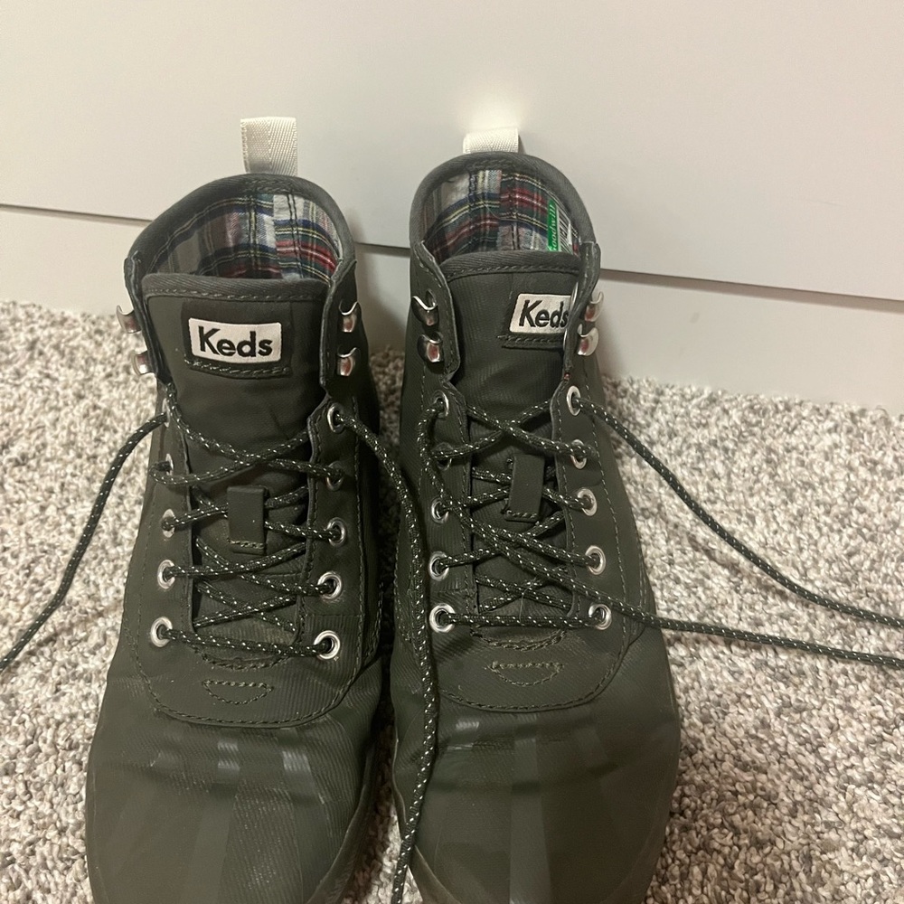 Keds Olive High-Top Sneakers with Plaid Lining